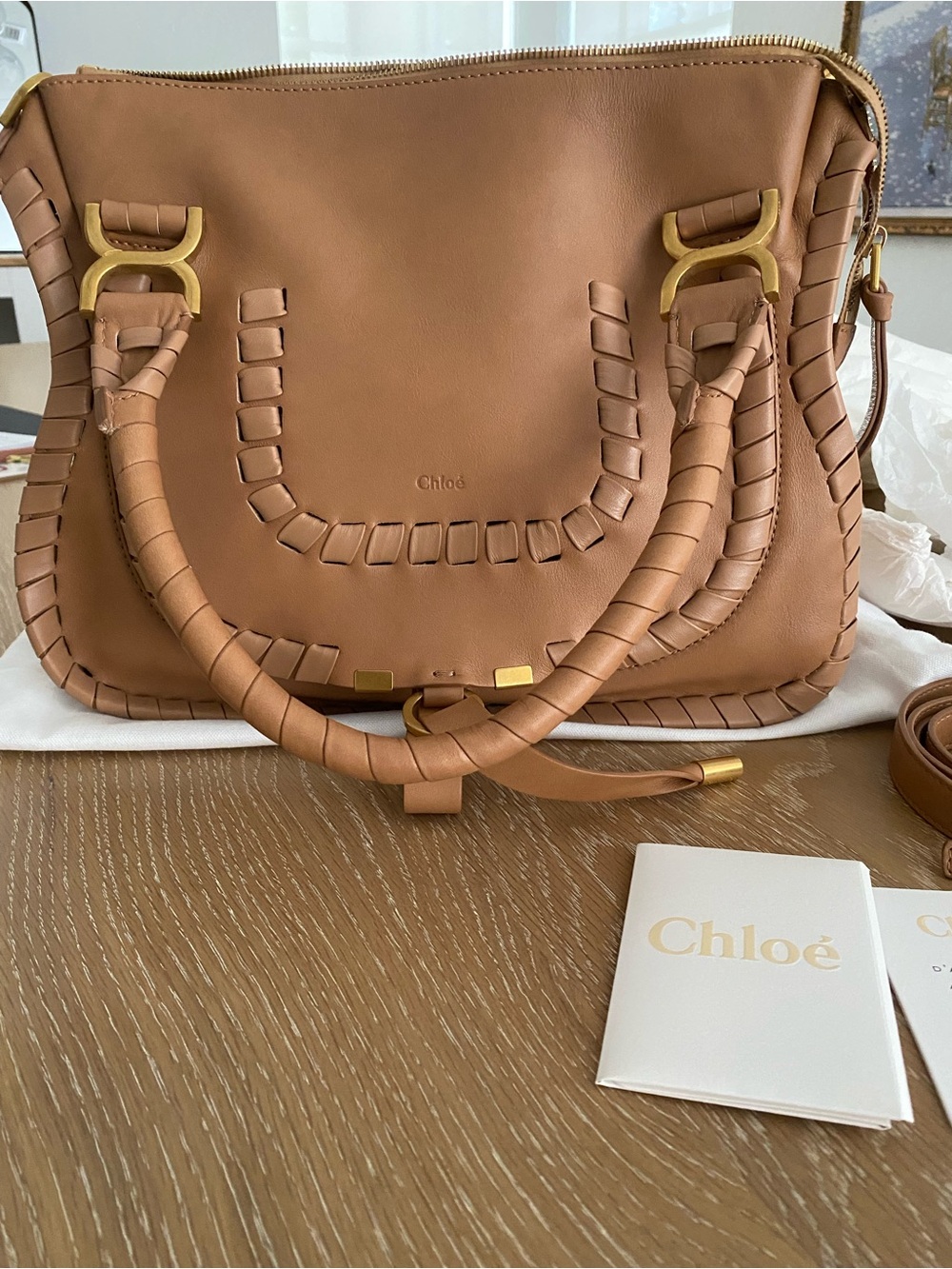 Chloe Marcie Medium Special Whipstitch Edition Tan Nude Crossbody Bag Like-New